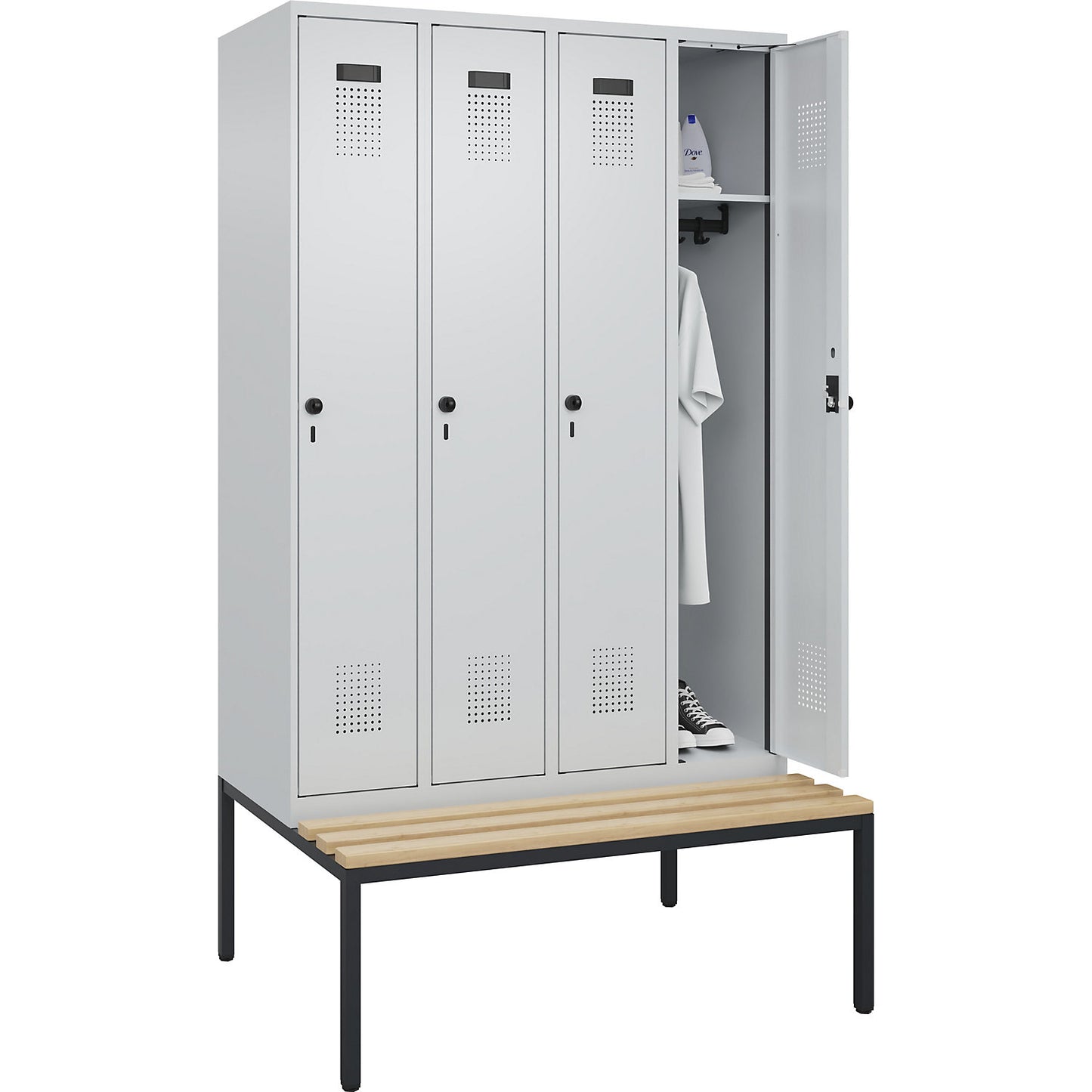Evolo PLUS bench seat locker, 4 compartments, light grey / light grey, W 1200 mm, security rotary bolt, with bench fitted below, beech.