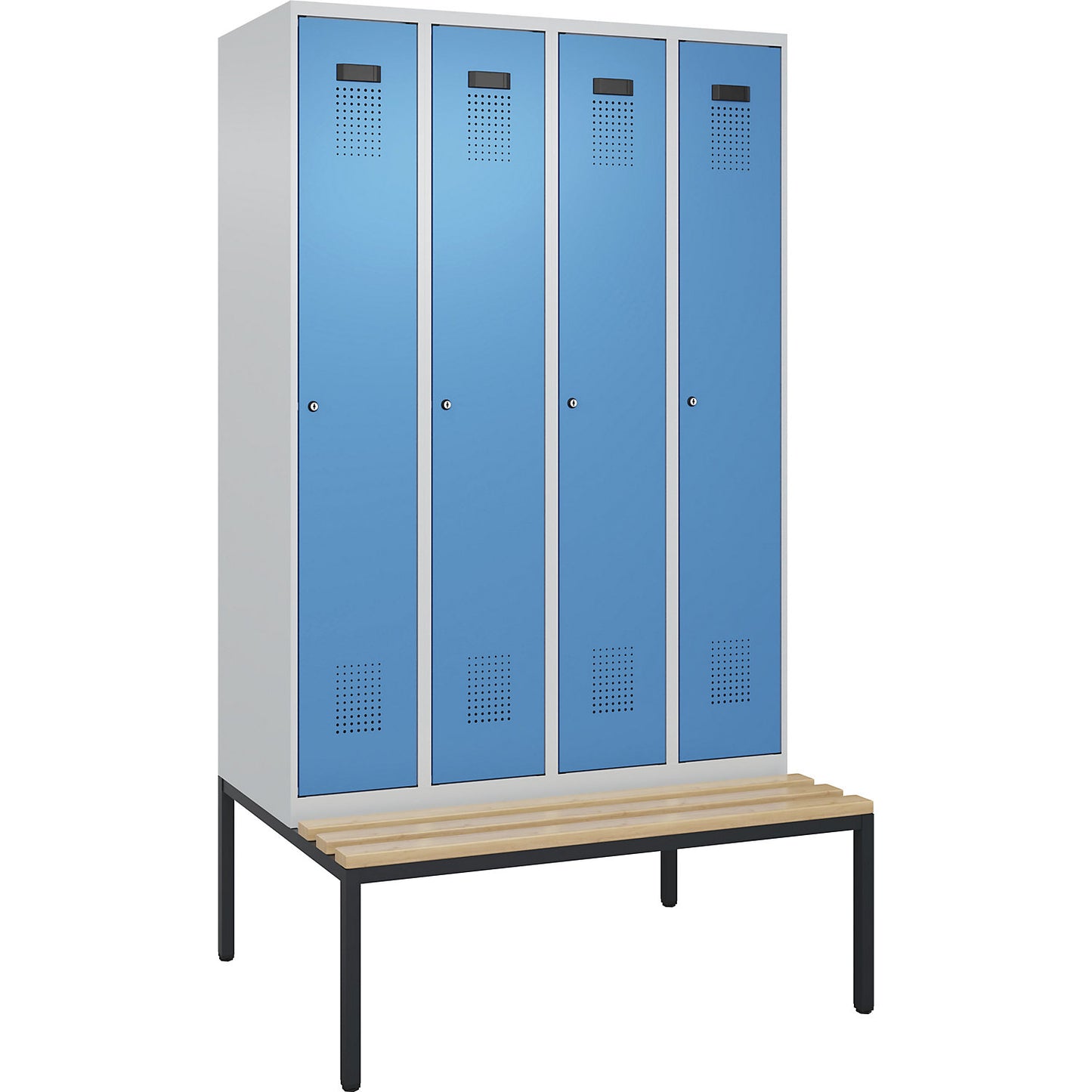 Evolo PLUS bench seat locker, 4 compartments, light grey / light blue, W 1200 mm, cylinder lock, with bench fitted below, beech.