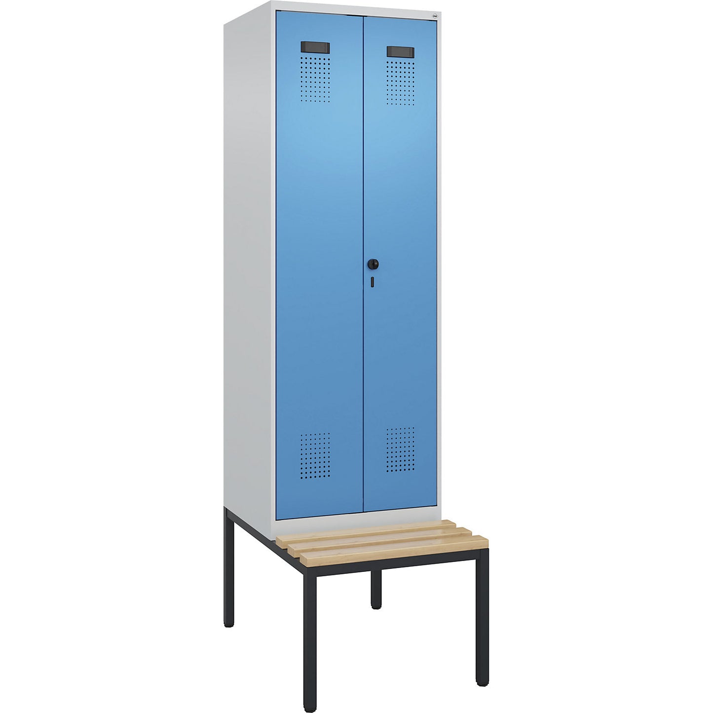 Evolo PLUS clean and dirty bench seat clothes locker, 2 compartments, shortened centre divider, light grey / light blue, W 600 mm, security rotary bolt, with bench fitted below, beech.