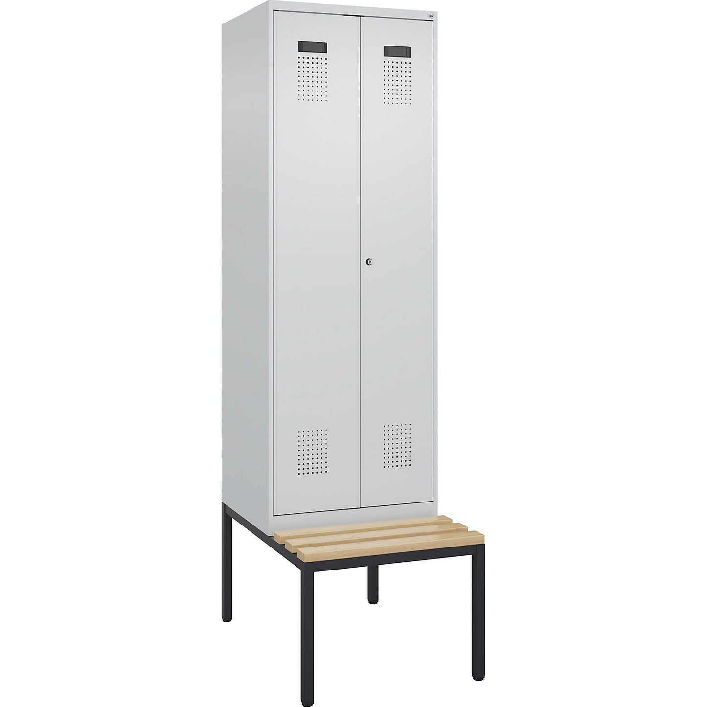 Evolo PLUS clean and dirty bench seat clothes locker, 2 compartments, shortened centre divider, light grey / light grey, W 600 mm, cylinder lock, with bench fitted below, beech.