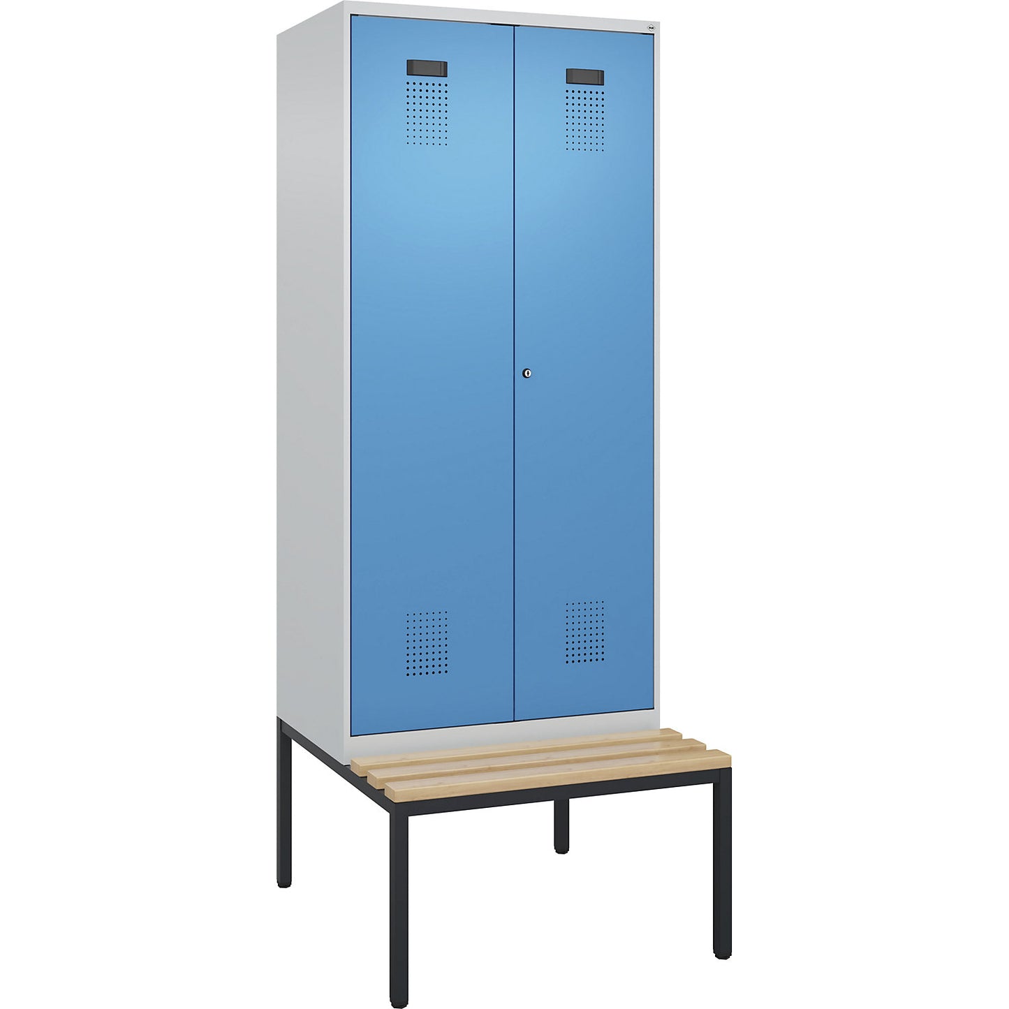 Evolo PLUS clean and dirty bench seat clothes locker, 2 compartments, shortened centre divider, light grey / light blue, W 800 mm, cylinder lock, with bench fitted below, beech.