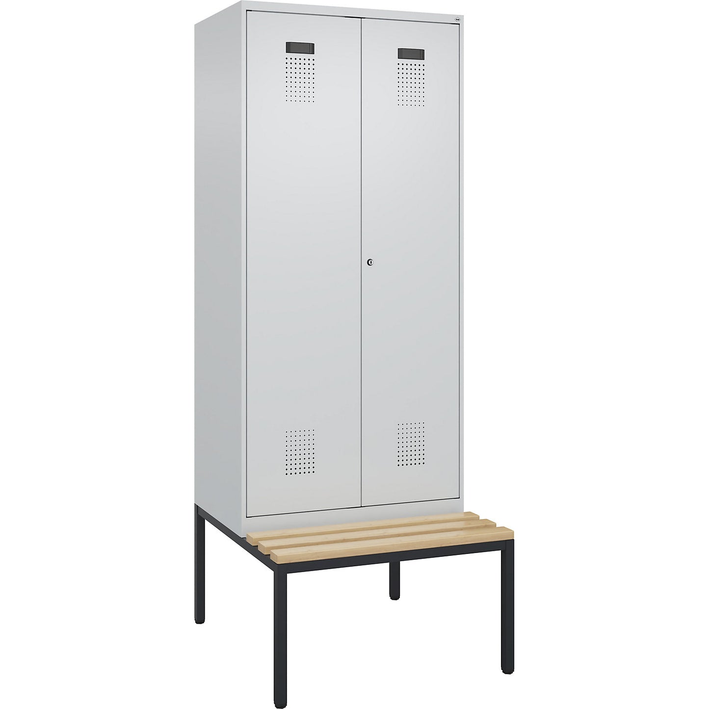 Evolo PLUS clean and dirty bench seat clothes locker, 2 compartments, shortened centre divider, light grey / light grey, W 800 mm, cylinder lock, with bench fitted below, beech.