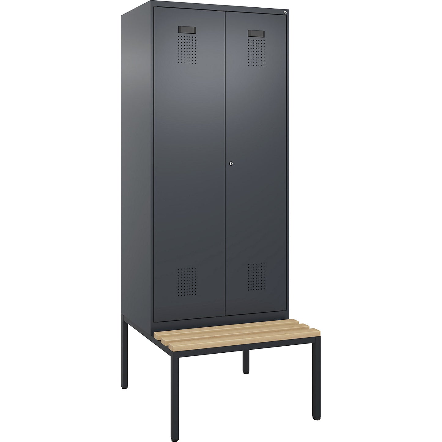 Evolo PLUS clean and dirty bench seat clothes locker, 2 compartments, shortened centre divider, grey, W 800 mm, cylinder lock, with bench fitted below, beech.