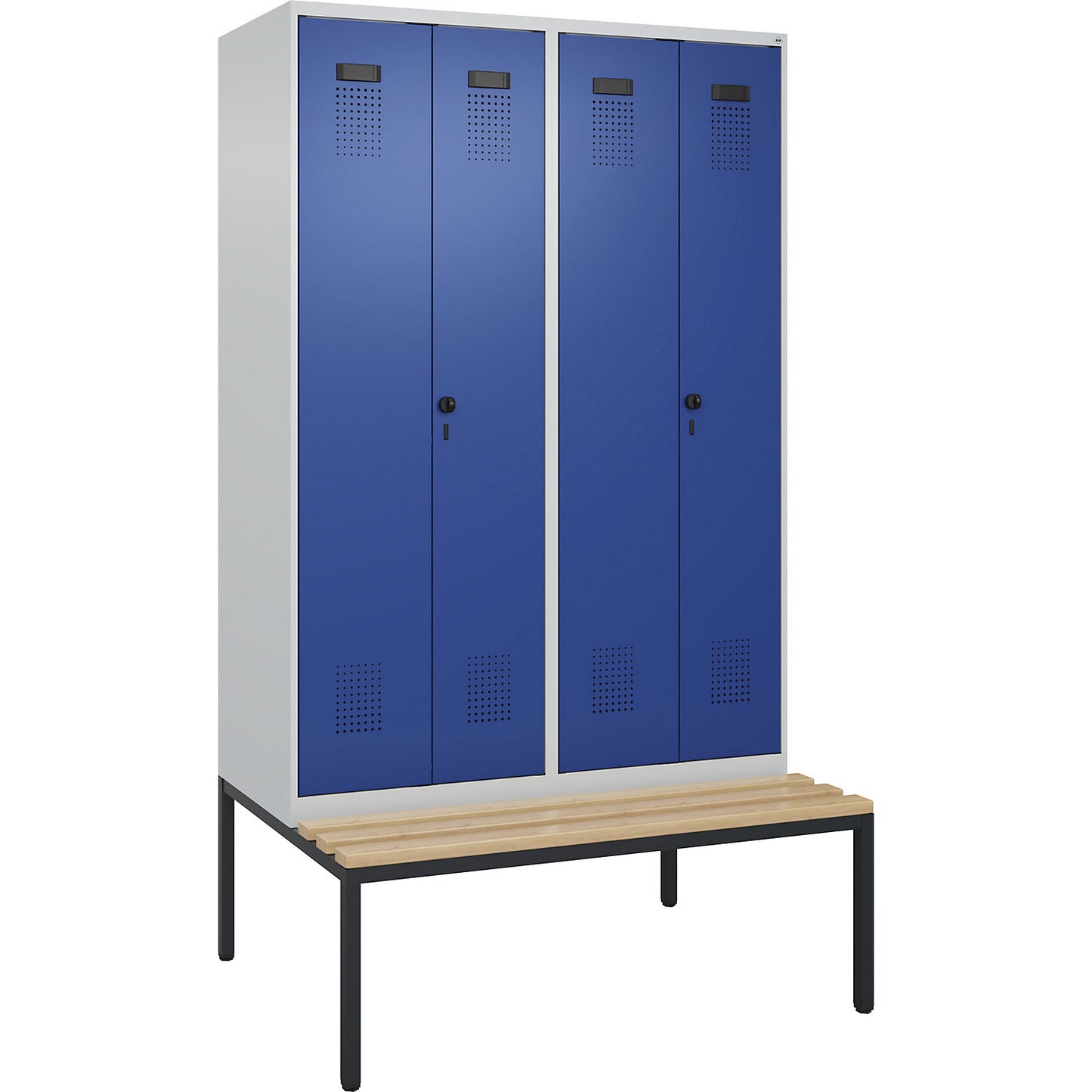 Evolo PLUS clean and dirty bench seat clothes locker, 4 compartments, shortened centre divider, light grey / gentian blue, W 1200 mm, security rotary bolt, with bench fitted below, beech.