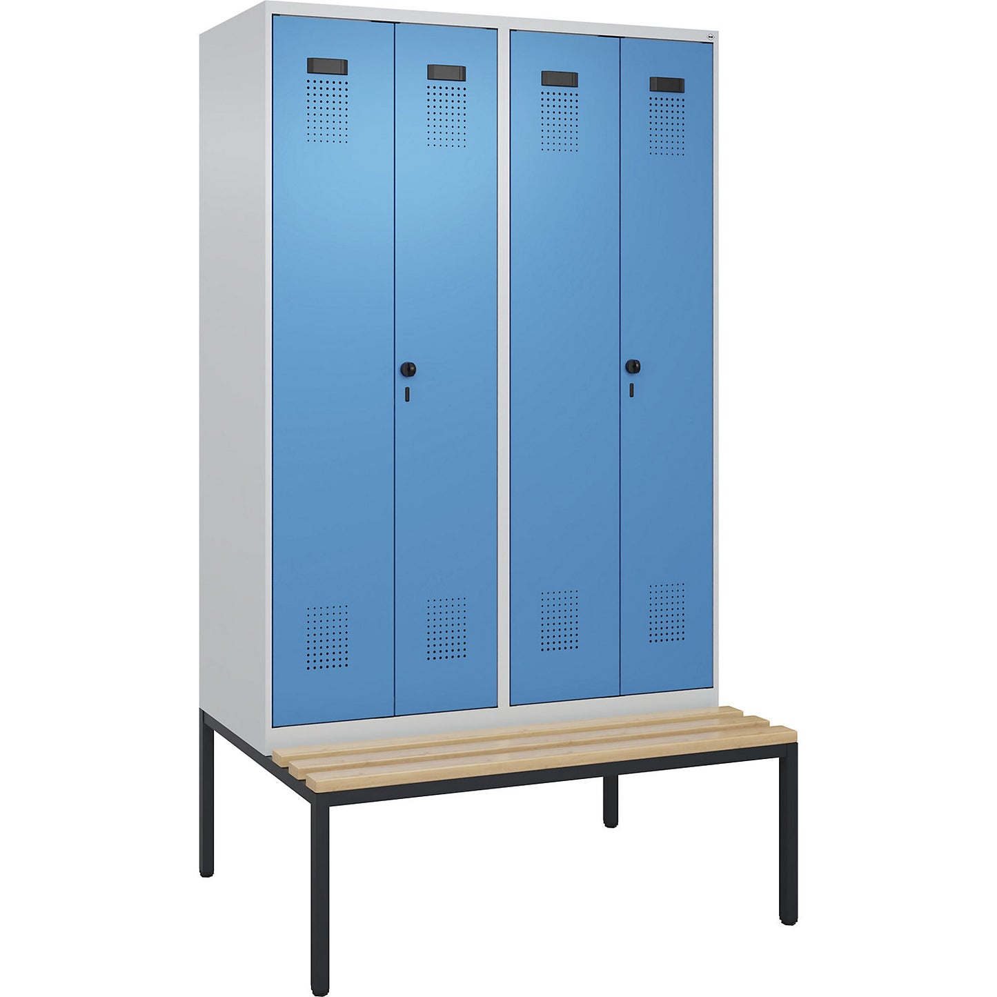 Evolo PLUS clean and dirty bench seat clothes locker, 4 compartments, shortened centre divider, light grey / light blue, W 1200 mm, security rotary bolt, with bench fitted below, beech.