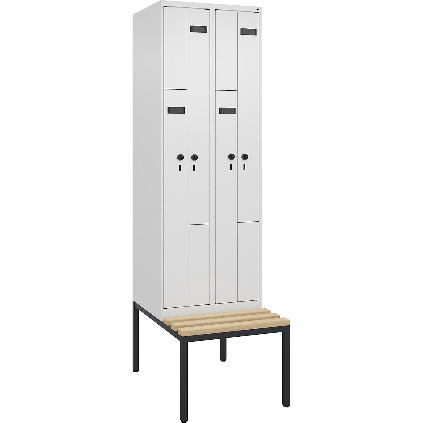 Evolo PLUS bench seat Z locker, 2 compartments, white, W 600 mm, security rotary bolt, with bench fitted below, beech.