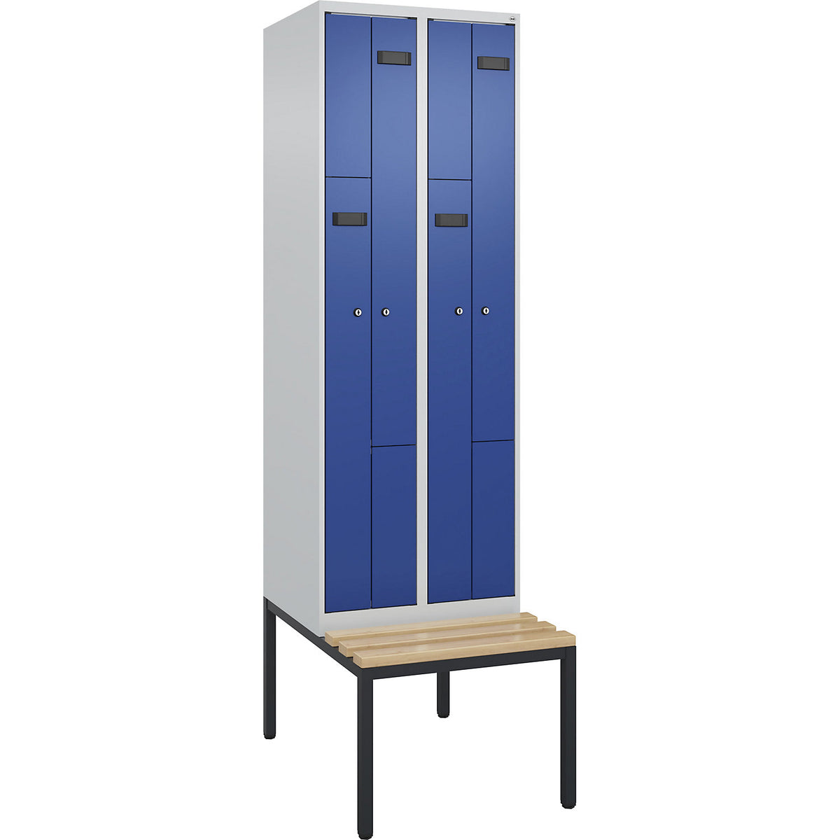 Evolo PLUS bench seat Z locker, 2 compartments, light grey / gentian blue, W 600 mm, cylinder lock, with bench fitted below, beech.