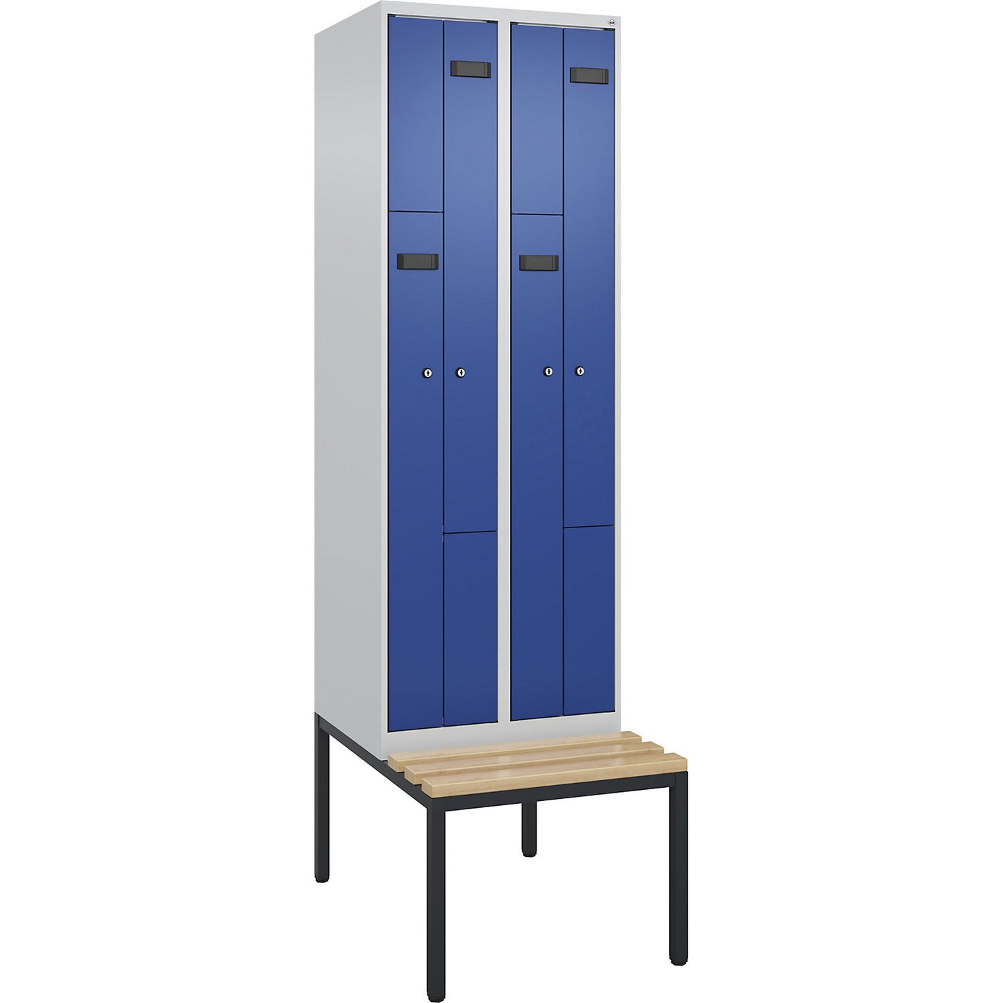 Evolo PLUS bench seat Z locker, 2 compartments, light grey / gentian blue, W 600 mm, cylinder lock, with bench fitted below, beech.