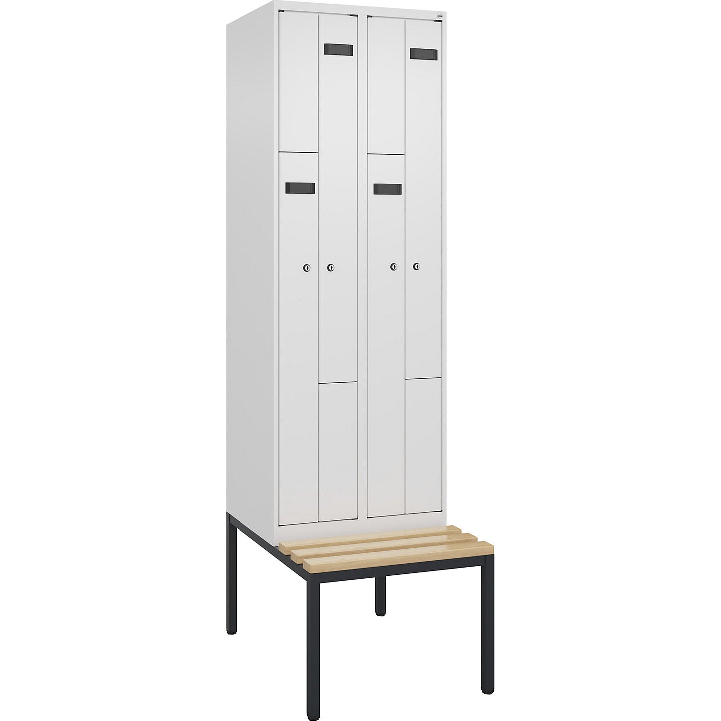 Evolo PLUS bench seat Z locker, 2 compartments, white, W 600 mm, cylinder lock, with bench fitted below, beech.