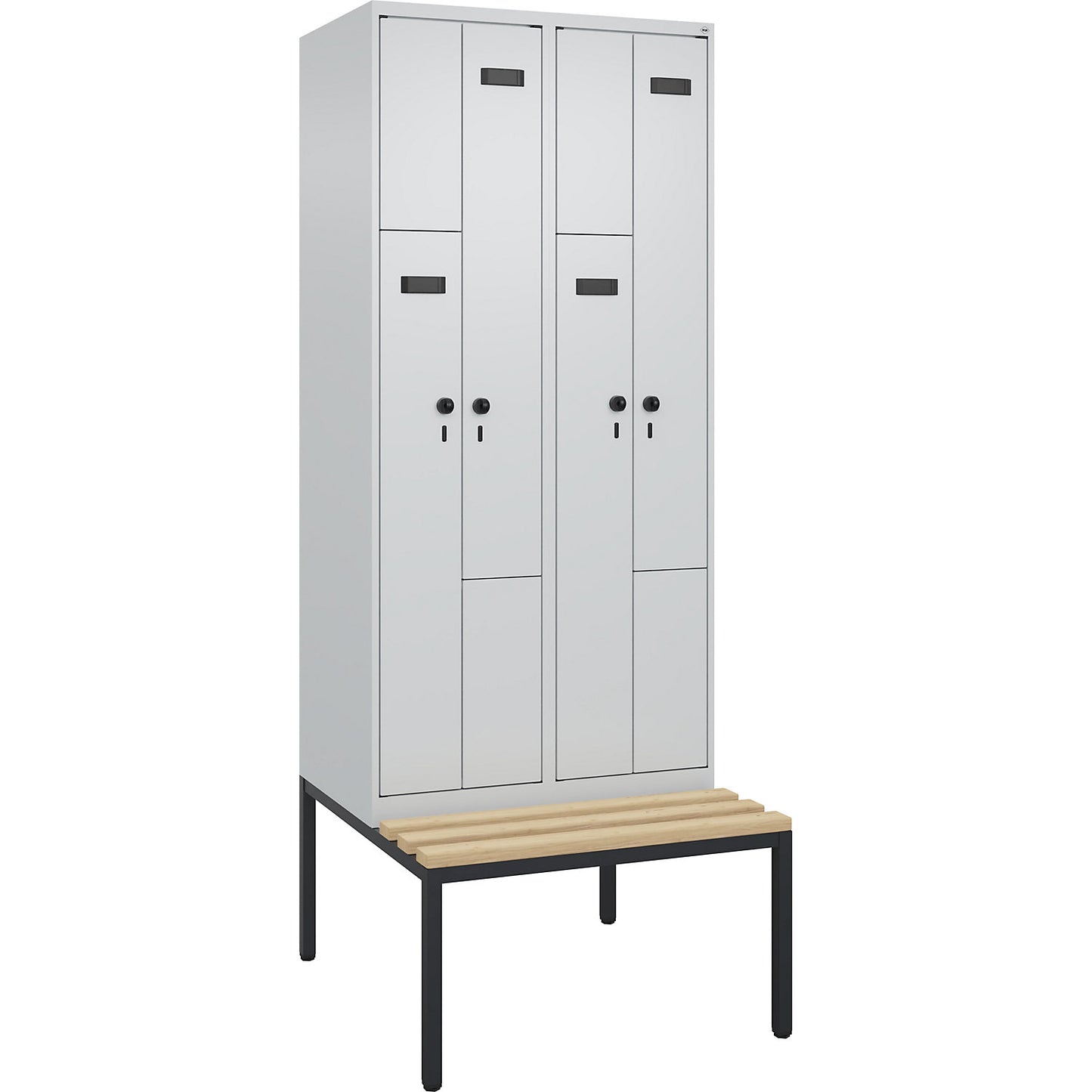 Evolo PLUS bench seat Z locker, 2 compartments, light grey / light grey, W 800 mm, security rotary bolt, with bench fitted below, beech.
