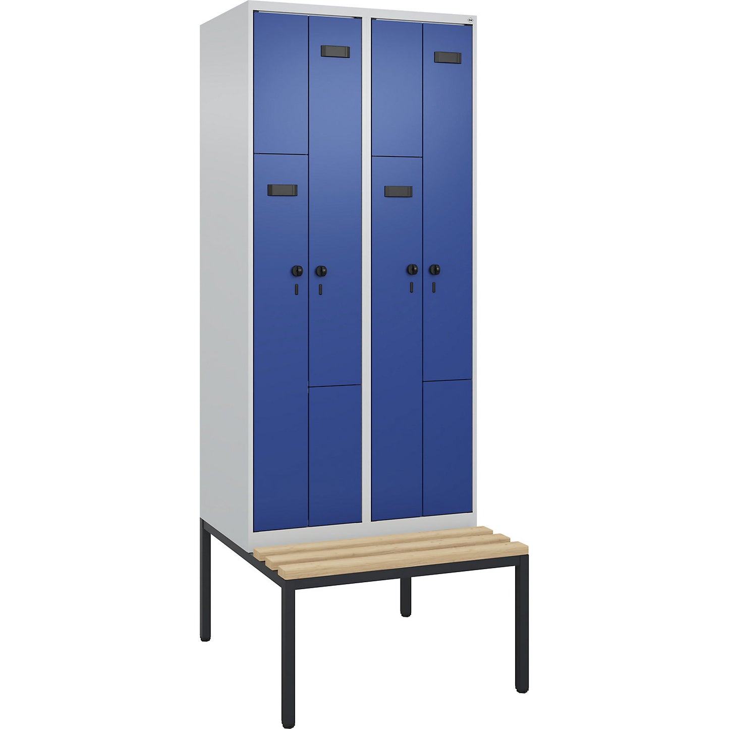 Evolo PLUS bench seat Z locker, 2 compartments, light grey / gentian blue, W 800 mm, security rotary bolt, with bench fitted below, beech.