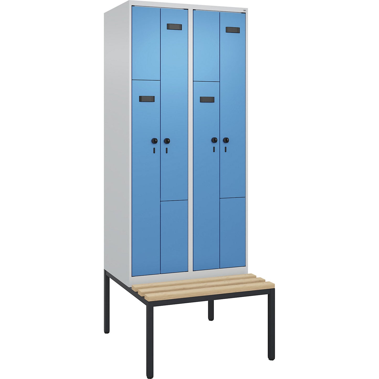 Evolo PLUS bench seat Z locker, 2 compartments, light grey / light blue, W 800 mm, security rotary bolt, with bench fitted below, beech.