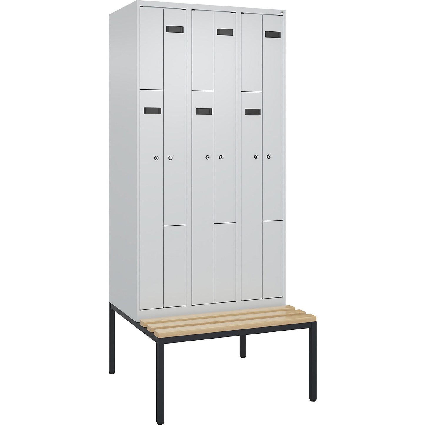 Evolo PLUS bench seat Z locker, 3 compartments, light grey / light grey, W 900 mm, cylinder lock, with bench fitted below, beech.