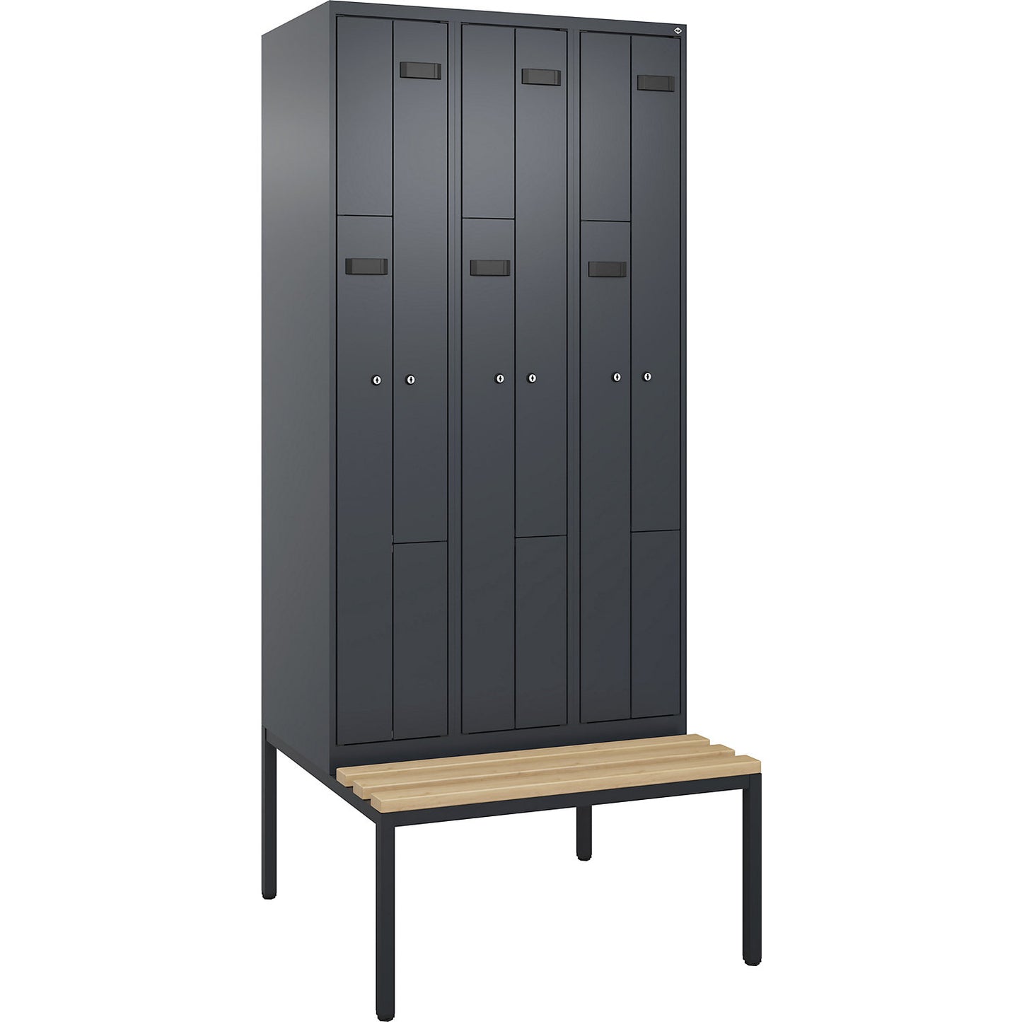 Evolo PLUS bench seat Z locker, 3 compartments, grey, W 900 mm, cylinder lock, with bench fitted below, beech.