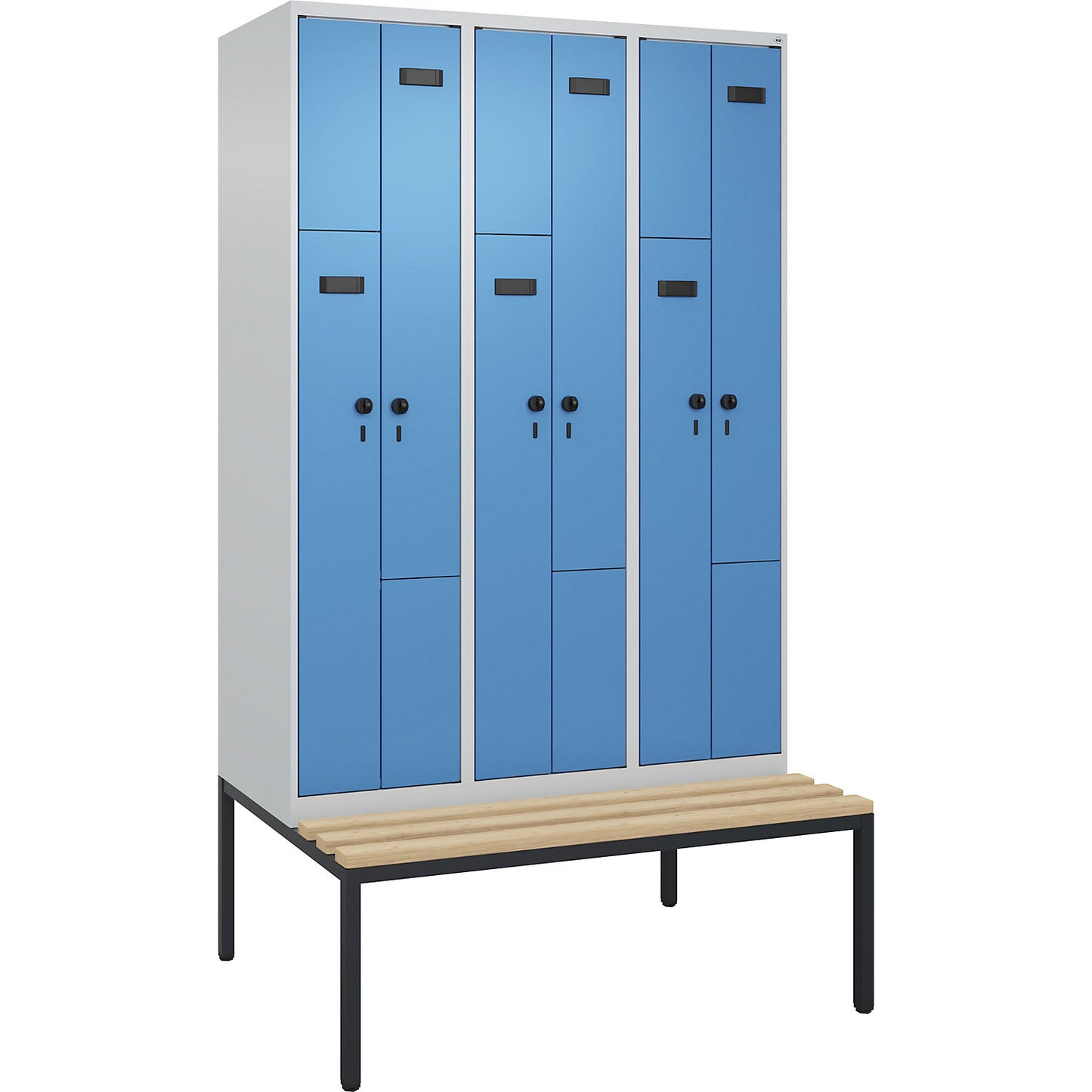 Evolo PLUS bench seat Z locker, 3 compartments, light grey / light blue, W 1200 mm, security rotary bolt, with bench fitted below, beech.