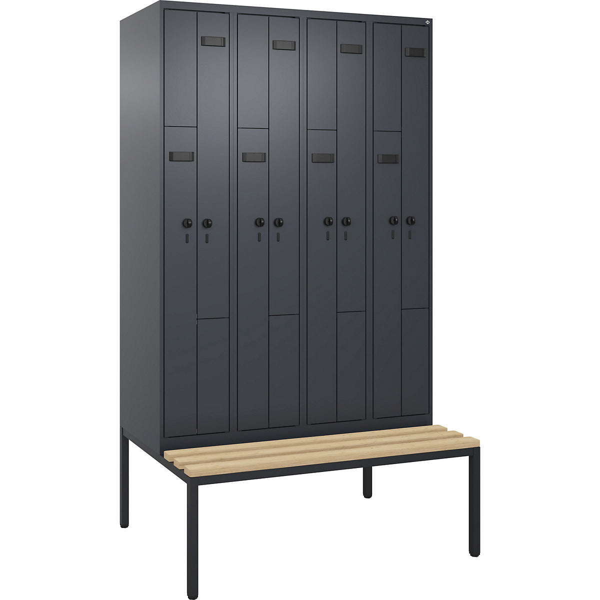 Evolo PLUS bench seat Z locker, 4 compartments, grey, W 1200 mm, security rotary bolt, with bench fitted below, beech.