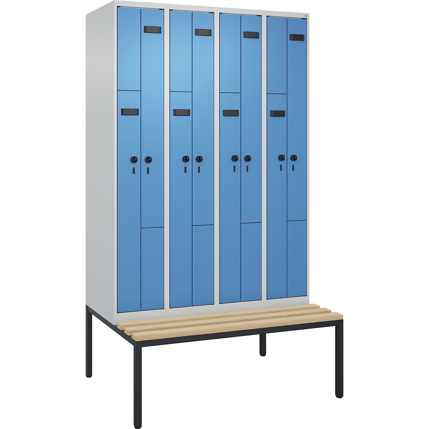 Evolo PLUS bench seat Z locker, 4 compartments, light grey / light blue, W 1200 mm, security rotary bolt, with bench fitted below, beech.