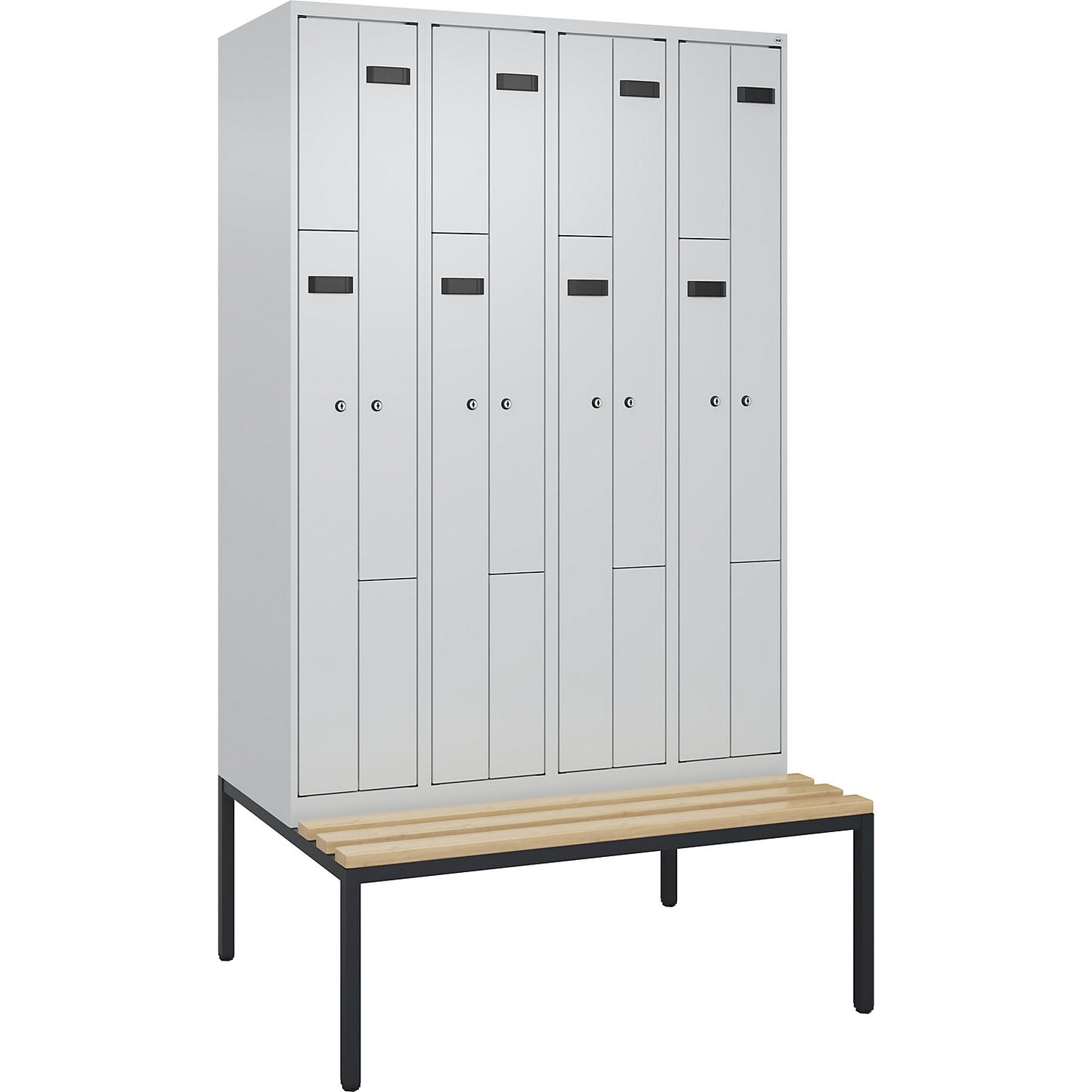 Evolo PLUS bench seat Z locker, 4 compartments, light grey / light grey, W 1200 mm, cylinder lock, with bench fitted below, beech.