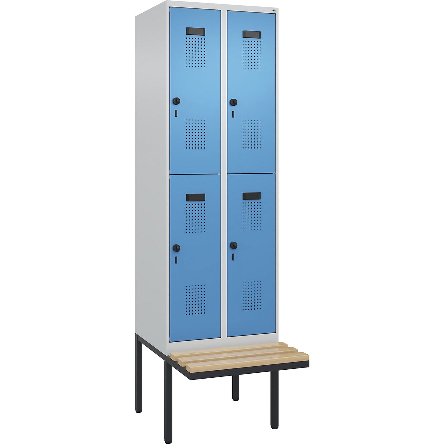 Evolo PLUS bench seat double deck clothes locker, 2 compartments, light grey / light blue, W 600 mm, security rotary bolt, with cantilevered bench seat, beech.