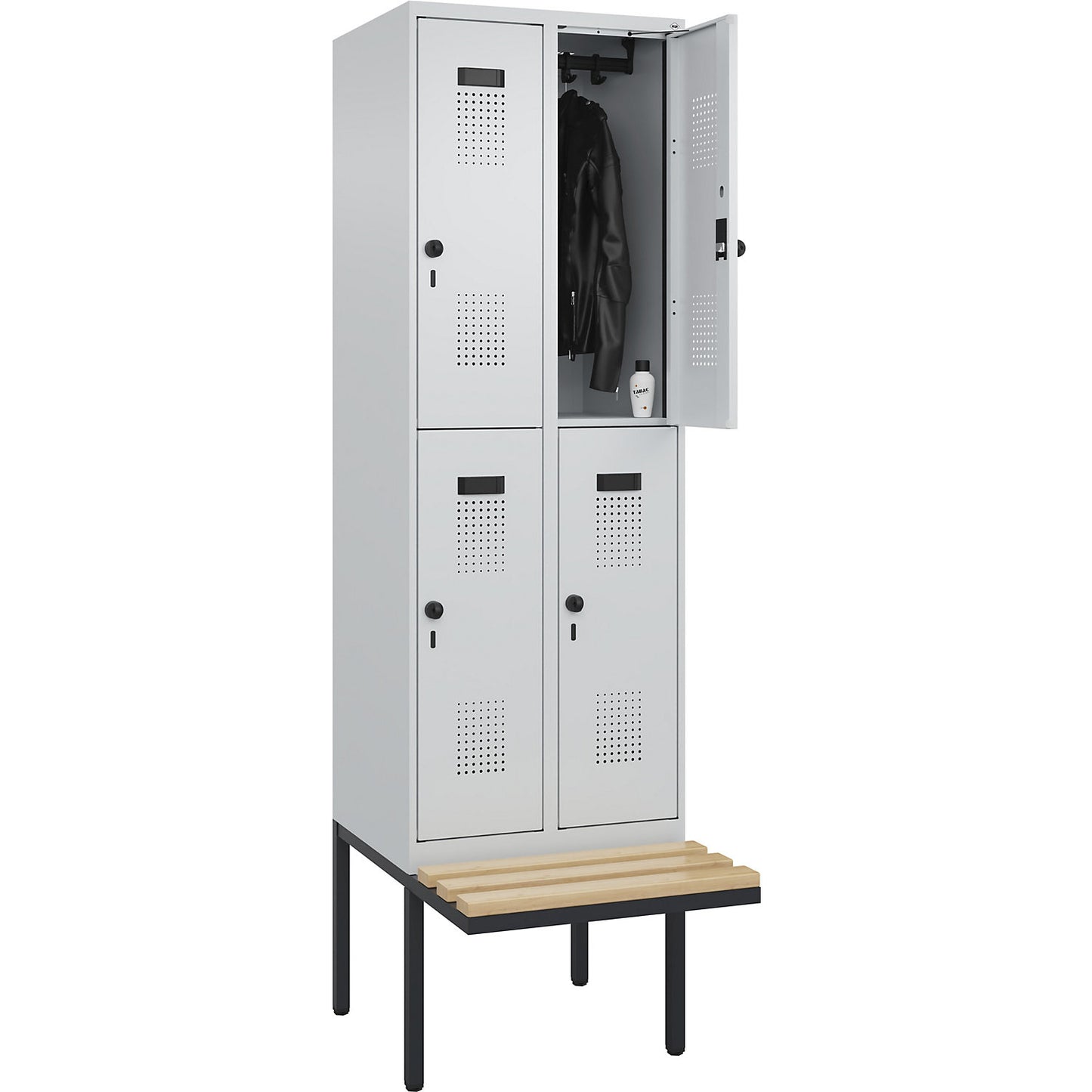 Evolo PLUS bench seat double deck clothes locker, 2 compartments, light grey / light grey, W 600 mm, security rotary bolt, with cantilevered bench seat, beech.