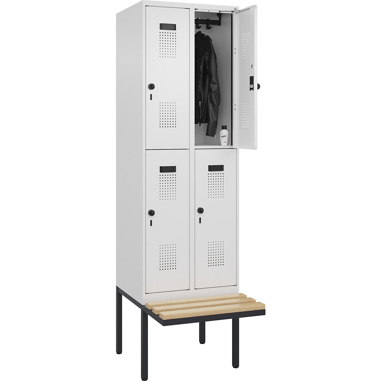 Evolo PLUS bench seat double deck clothes locker, 2 compartments, white, W 600 mm, security rotary bolt, with cantilevered bench seat, beech.
