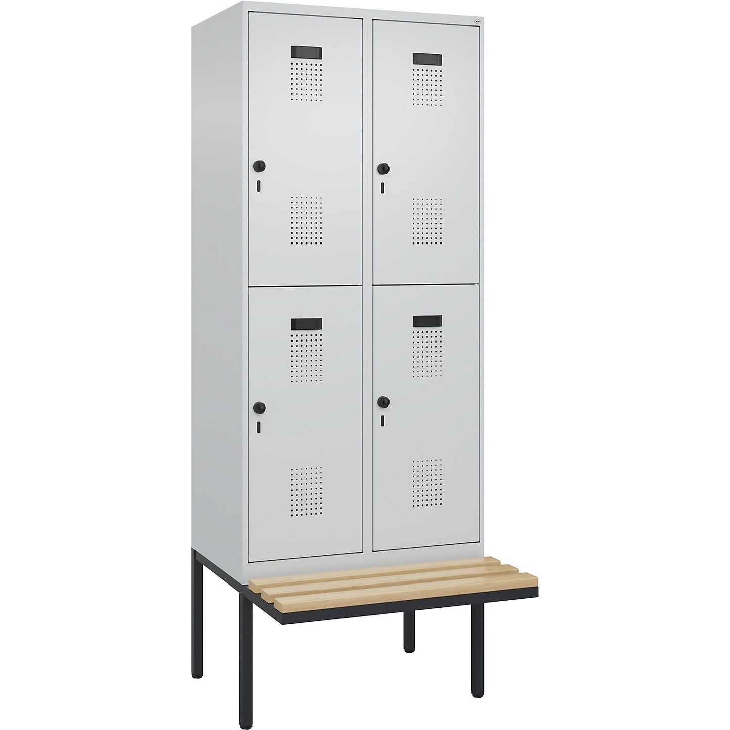 Evolo PLUS bench seat double deck clothes locker, 2 compartments, light grey / light grey, W 800 mm, security rotary bolt, with cantilevered bench seat, beech.