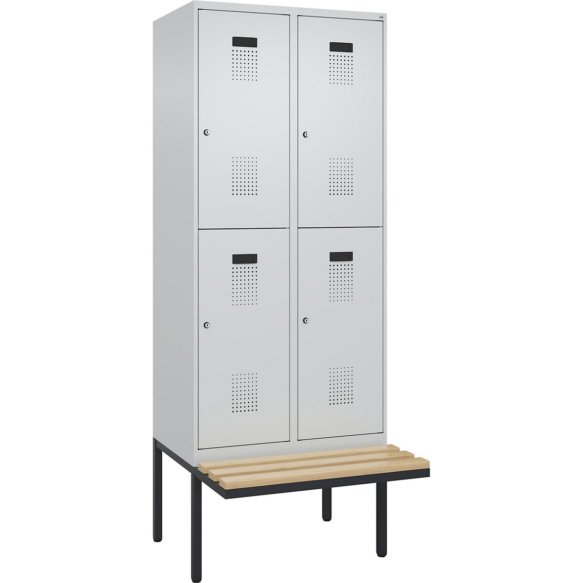 Evolo PLUS bench seat double deck clothes locker, 2 compartments, light grey / light grey, W 800 mm, cylinder lock, with cantilevered bench seat, beech.