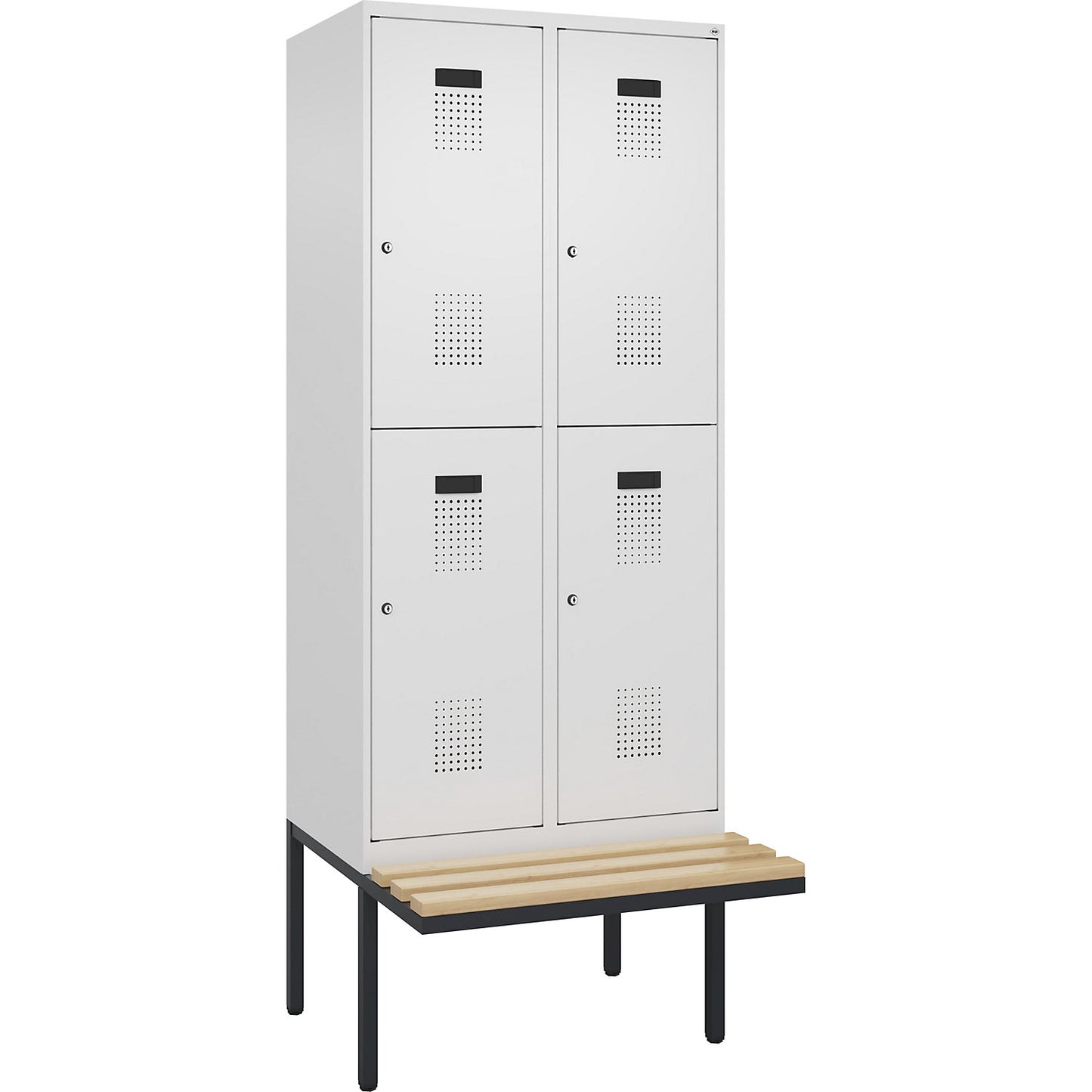 Evolo PLUS bench seat double deck clothes locker, 2 compartments, white, W 800 mm, cylinder lock, with cantilevered bench seat, beech.