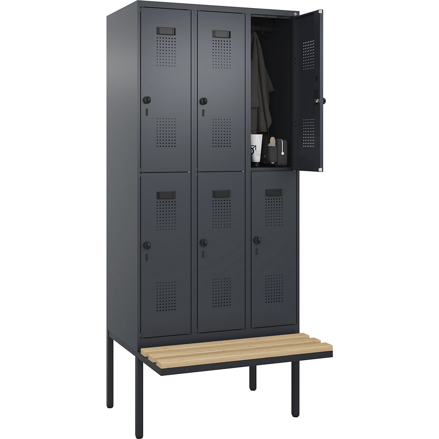 Evolo PLUS bench seat double deck clothes locker, 3 compartments, grey, W 900 mm, security rotary bolt, with cantilevered bench seat, beech.