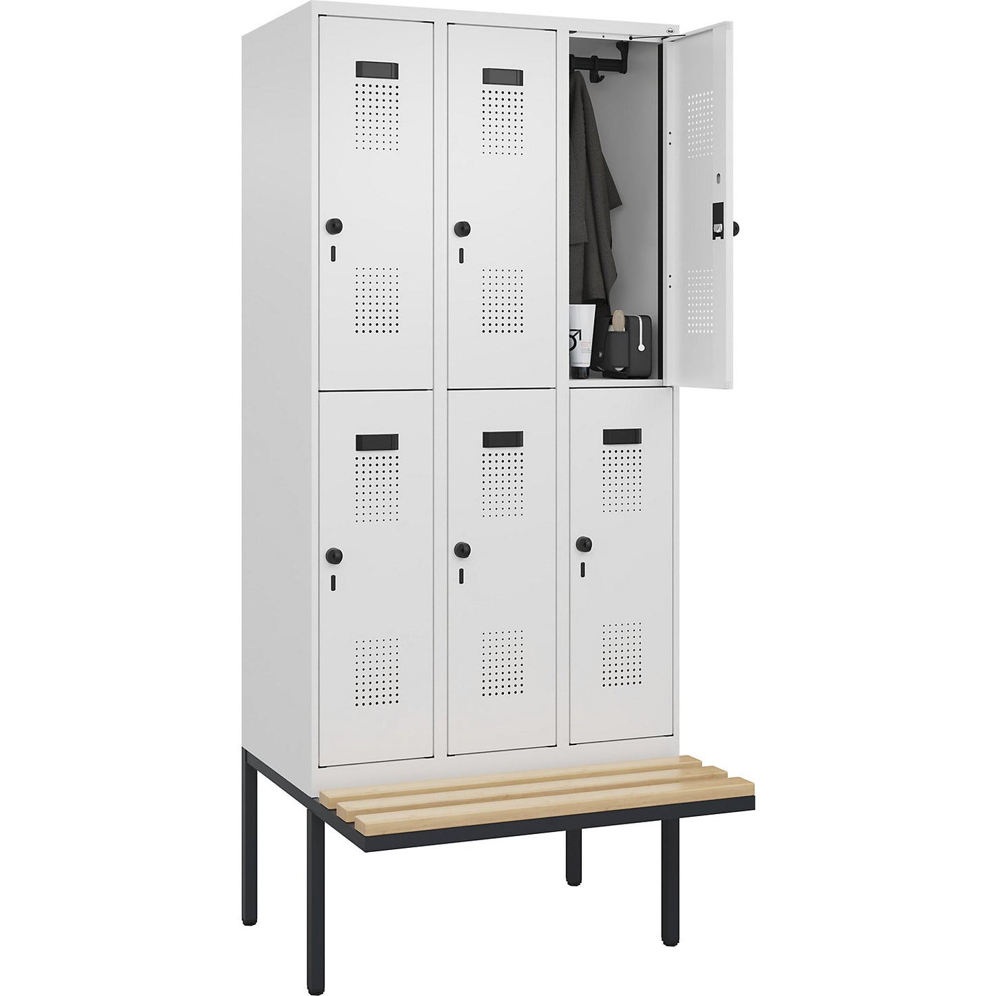 Evolo PLUS bench seat double deck clothes locker, 3 compartments, white, W 900 mm, security rotary bolt, with cantilevered bench seat, beech.