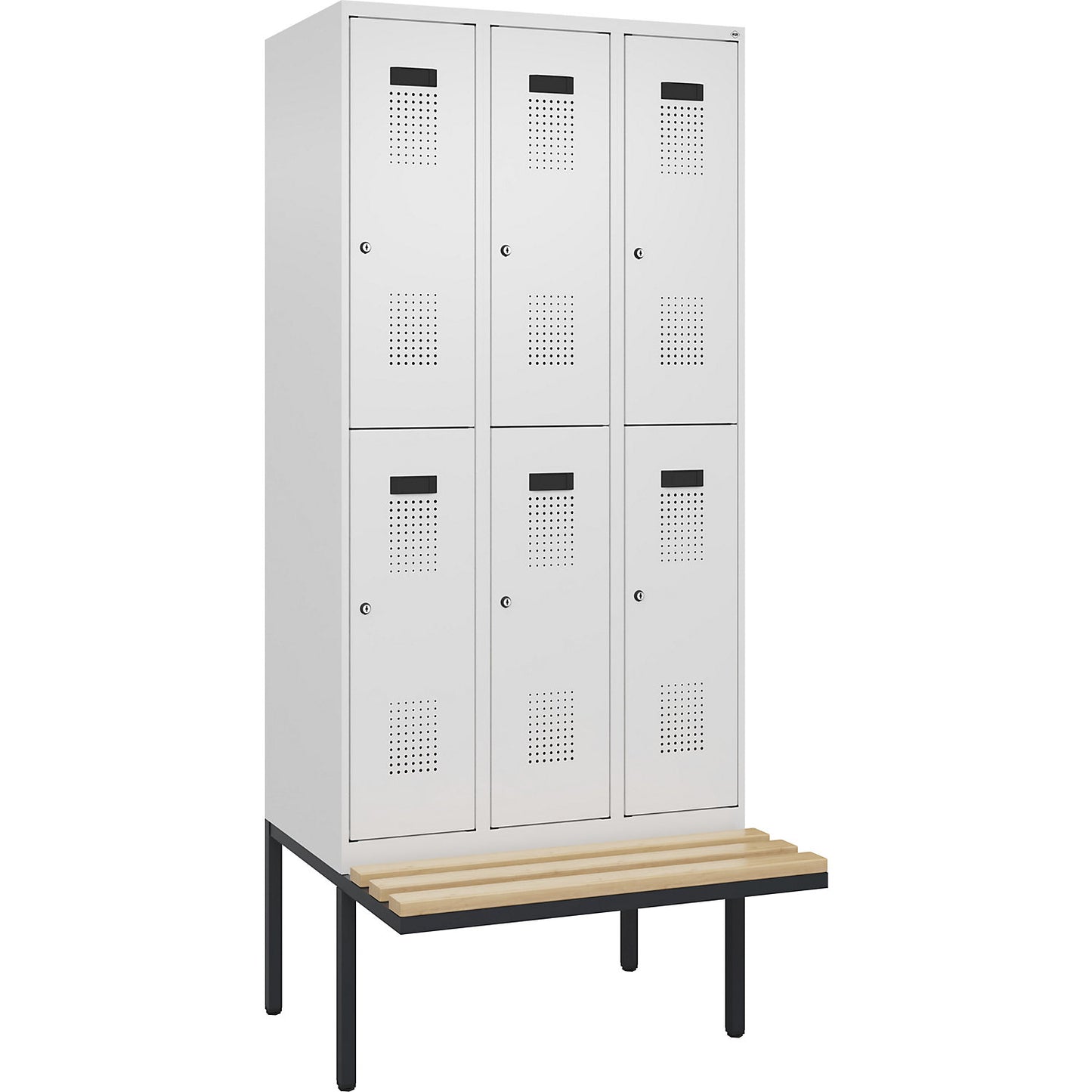 Evolo PLUS bench seat double deck clothes locker, 3 compartments, white, W 900 mm, cylinder lock, with cantilevered bench seat, beech.