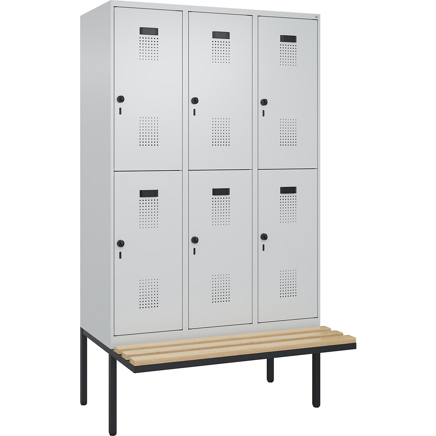 Evolo PLUS bench seat double deck clothes locker, 3 compartments, light grey / light grey, W 1200 mm, security rotary bolt, with cantilevered bench seat, beech.