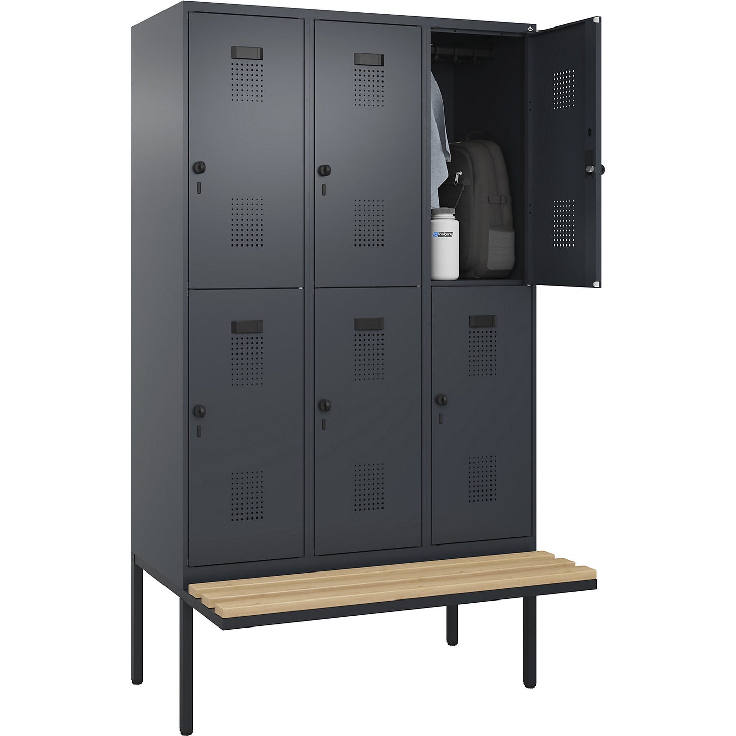 Evolo PLUS bench seat double deck clothes locker, 3 compartments, grey, W 1200 mm, security rotary bolt, with cantilevered bench seat, beech.