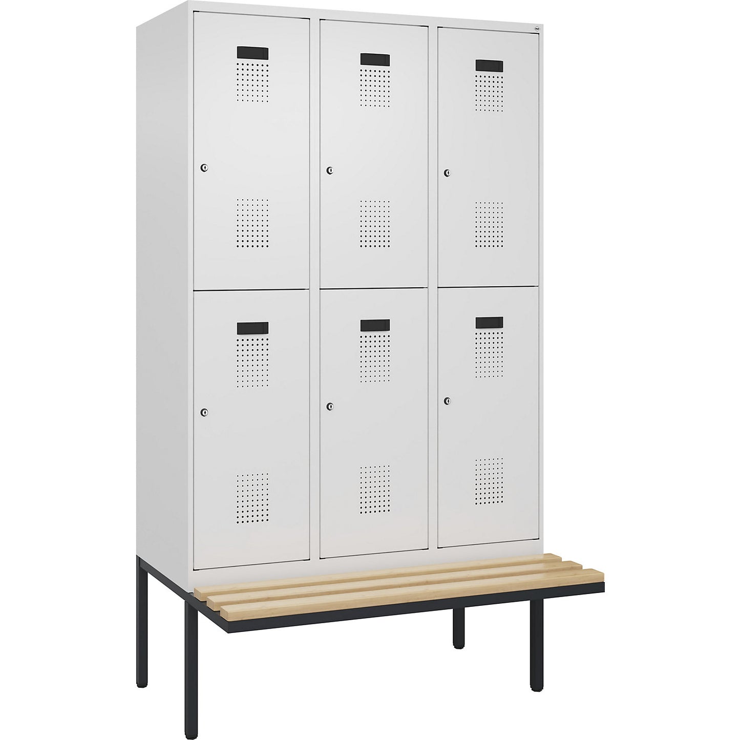 Evolo PLUS bench seat double deck clothes locker, 3 compartments, white, W 1200 mm, cylinder lock, with cantilevered bench seat, beech.