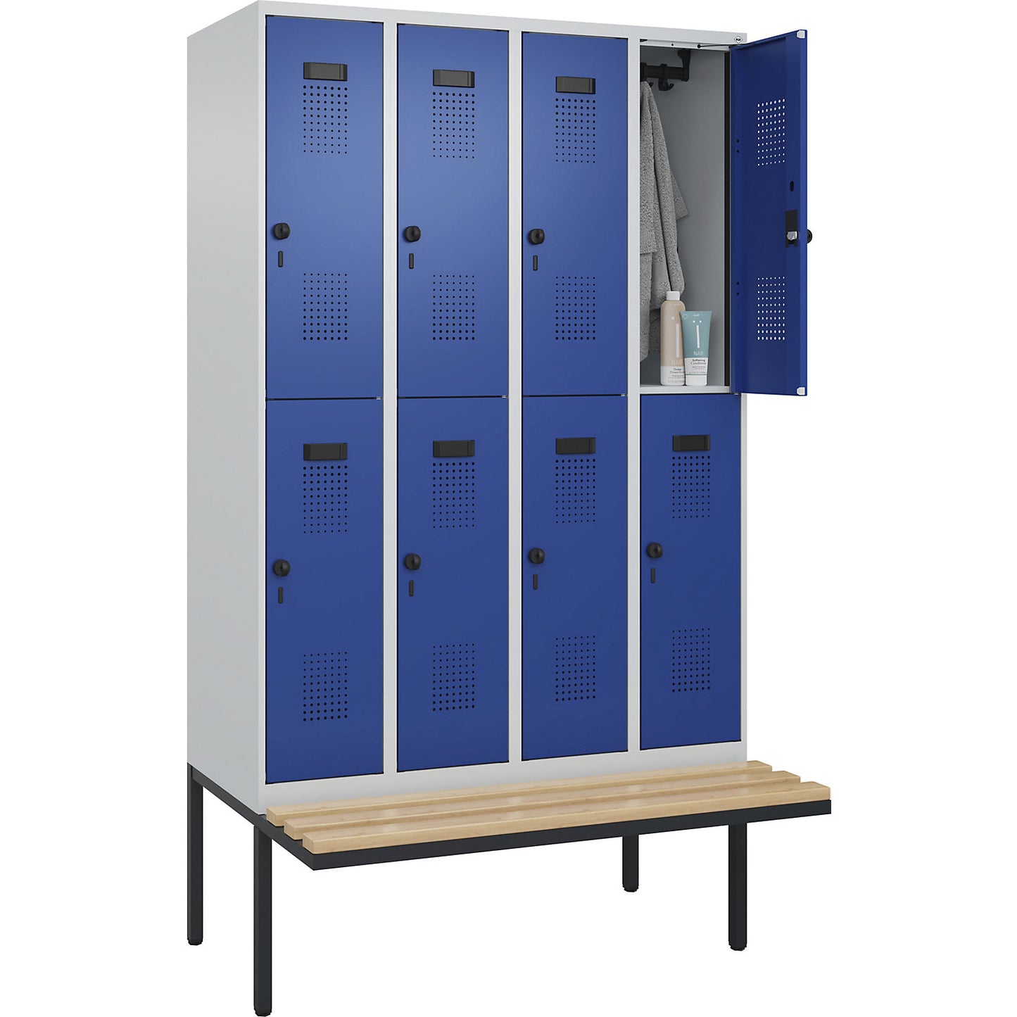 Evolo PLUS bench seat double deck clothes locker, 4 compartments, light grey / gentian blue, W 1200 mm, security rotary bolt, with cantilevered bench seat, beech.
