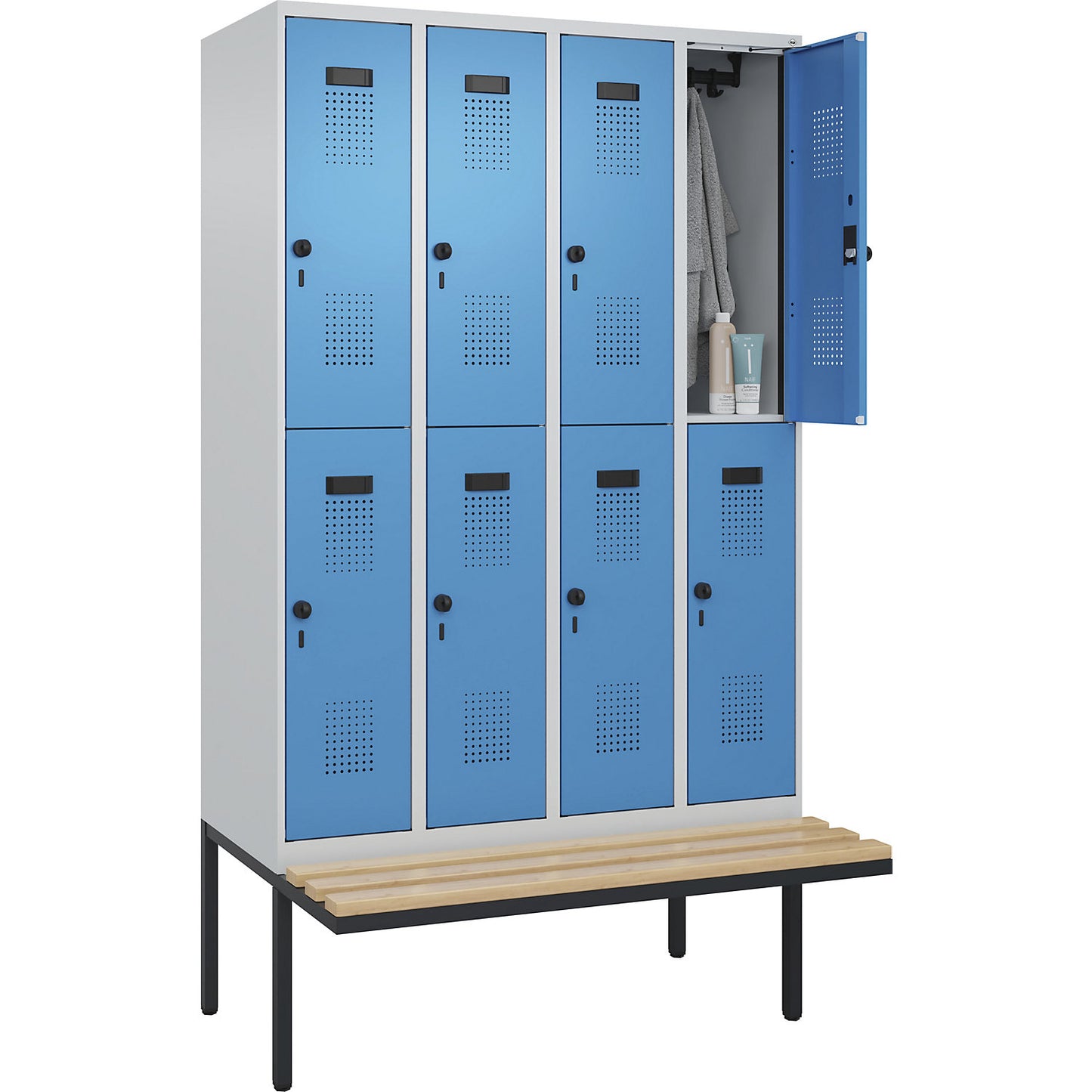 Evolo PLUS bench seat double deck clothes locker, 4 compartments, light grey / light blue, W 1200 mm, security rotary bolt, with cantilevered bench seat, beech.