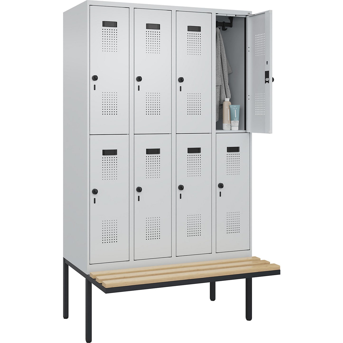 Evolo PLUS bench seat double deck clothes locker, 4 compartments, light grey / light grey, W 1200 mm, security rotary bolt, with cantilevered bench seat, beech.