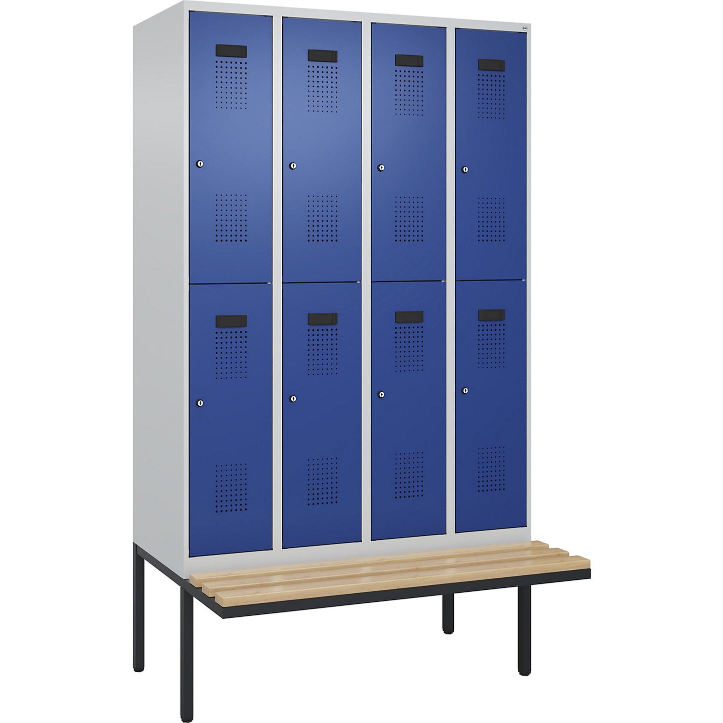 Evolo PLUS bench seat double deck clothes locker, 4 compartments, light grey / gentian blue, W 1200 mm, cylinder lock, with cantilevered bench seat, beech.