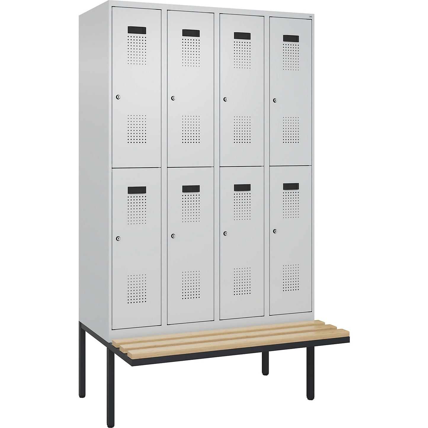 Evolo PLUS bench seat double deck clothes locker, 4 compartments, light grey / light grey, W 1200 mm, cylinder lock, with cantilevered bench seat, beech.