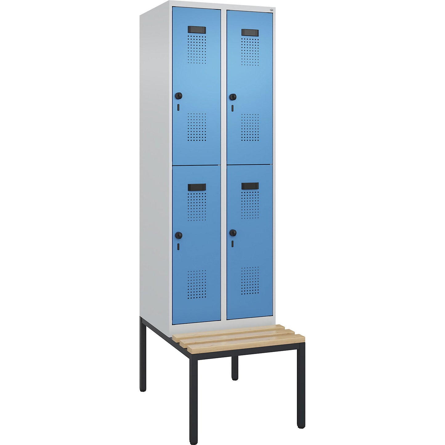 Evolo PLUS bench seat double deck clothes locker, 2 compartments, light grey / light blue, W 600 mm, security rotary bolt, with bench fitted below, beech.