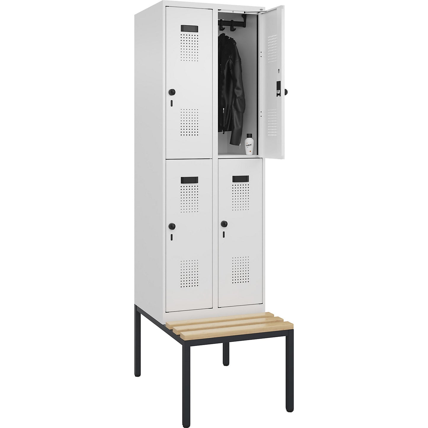 Evolo PLUS bench seat double deck clothes locker, 2 compartments, white, W 600 mm, security rotary bolt, with bench fitted below, beech.
