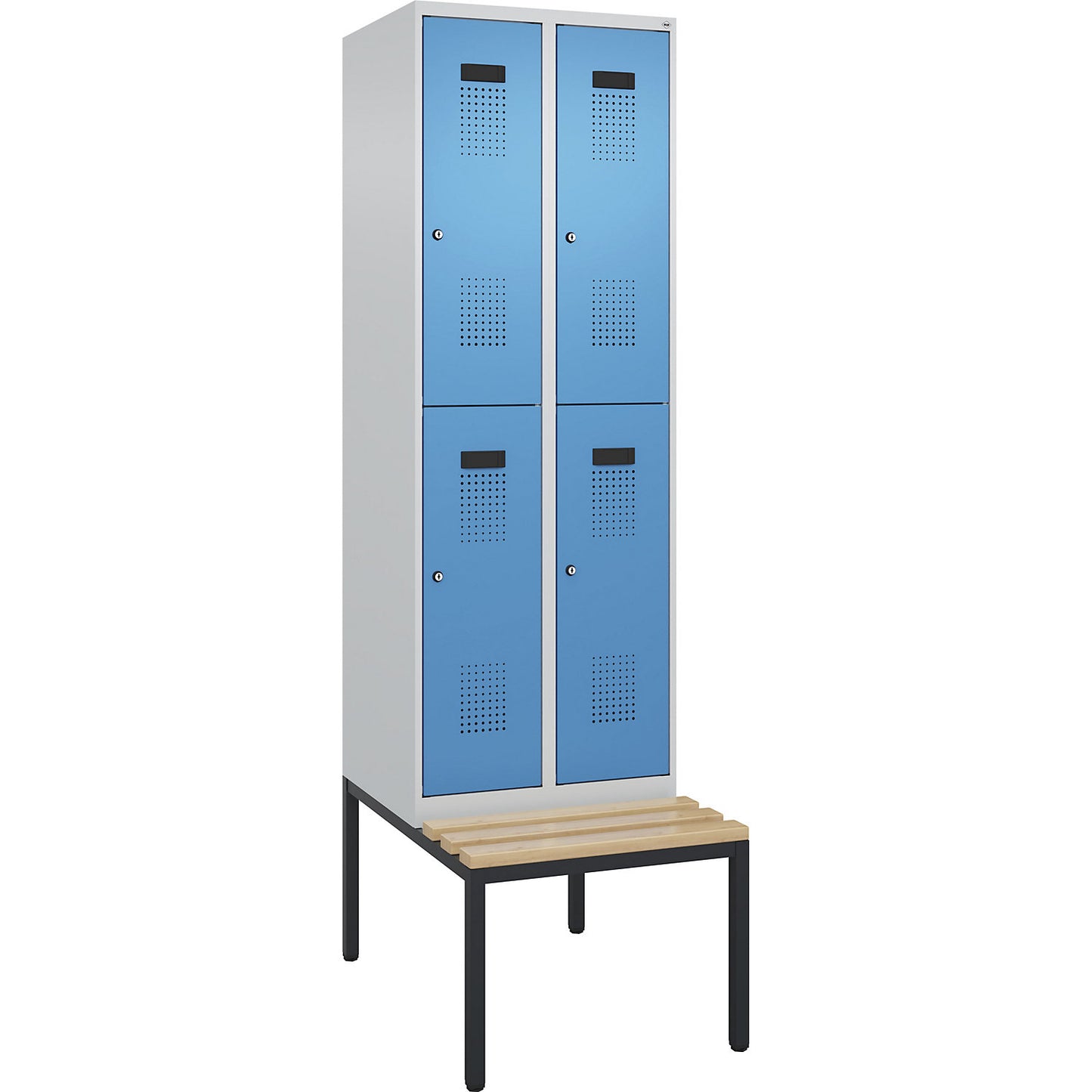 Evolo PLUS bench seat double deck clothes locker, 2 compartments, light grey / light blue, W 600 mm, cylinder lock, with bench fitted below, beech.