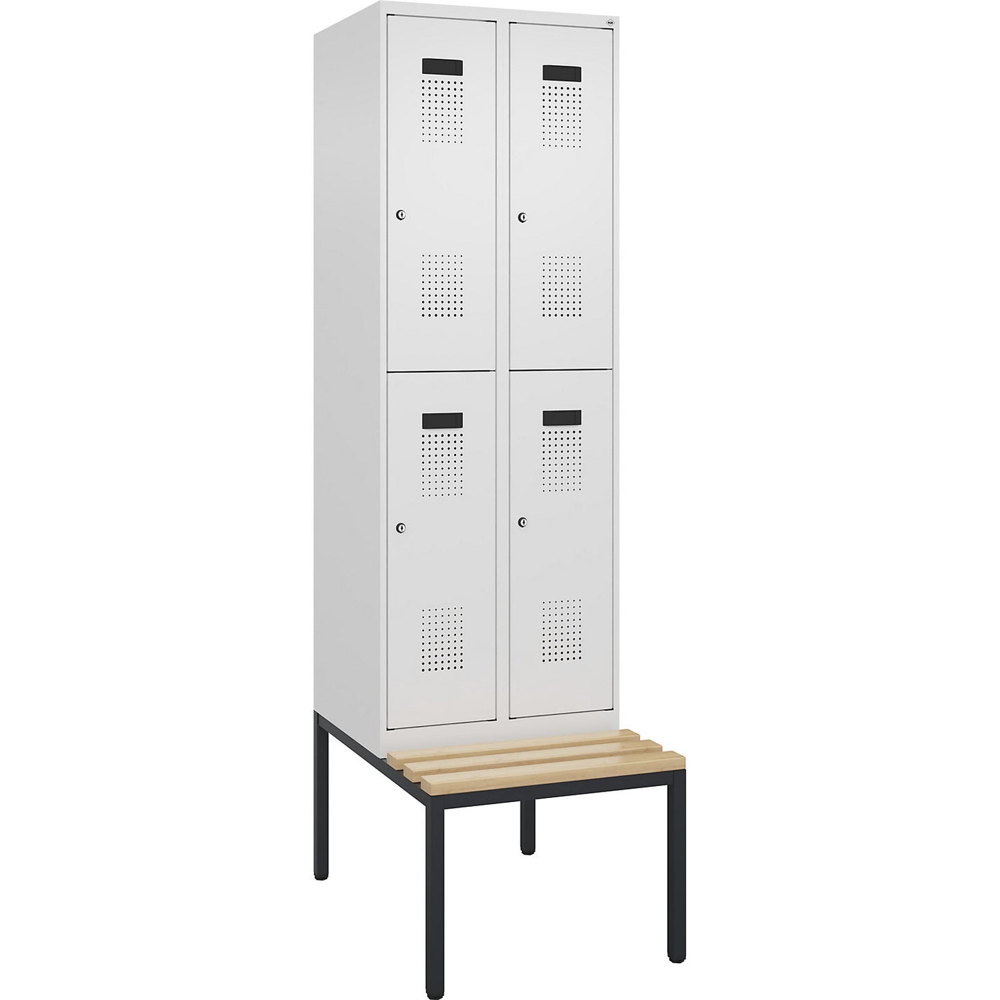 Evolo PLUS bench seat double deck clothes locker, 2 compartments, white, W 600 mm, cylinder lock, with bench fitted below, beech.