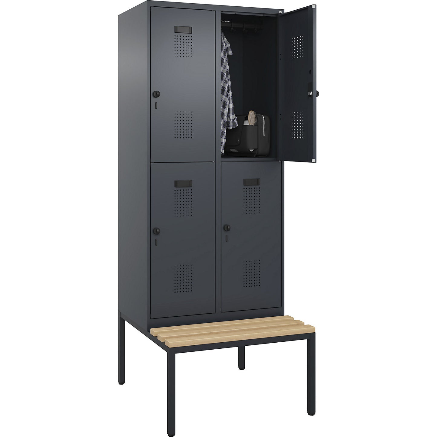 Evolo PLUS bench seat double deck clothes locker, 2 compartments, grey, W 800 mm, security rotary bolt, with bench fitted below, beech.
