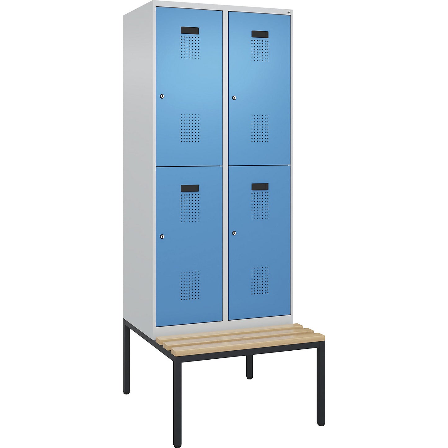 Evolo PLUS bench seat double deck clothes locker, 2 compartments, light grey / light blue, W 800 mm, cylinder lock, with bench fitted below, beech.