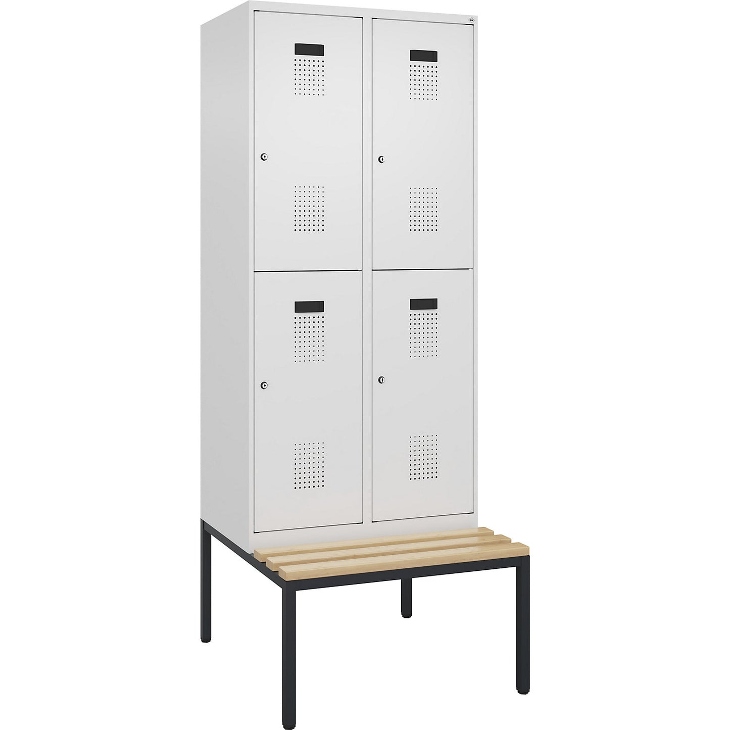 Evolo PLUS bench seat double deck clothes locker, 2 compartments, white, W 800 mm, cylinder lock, with bench fitted below, beech.