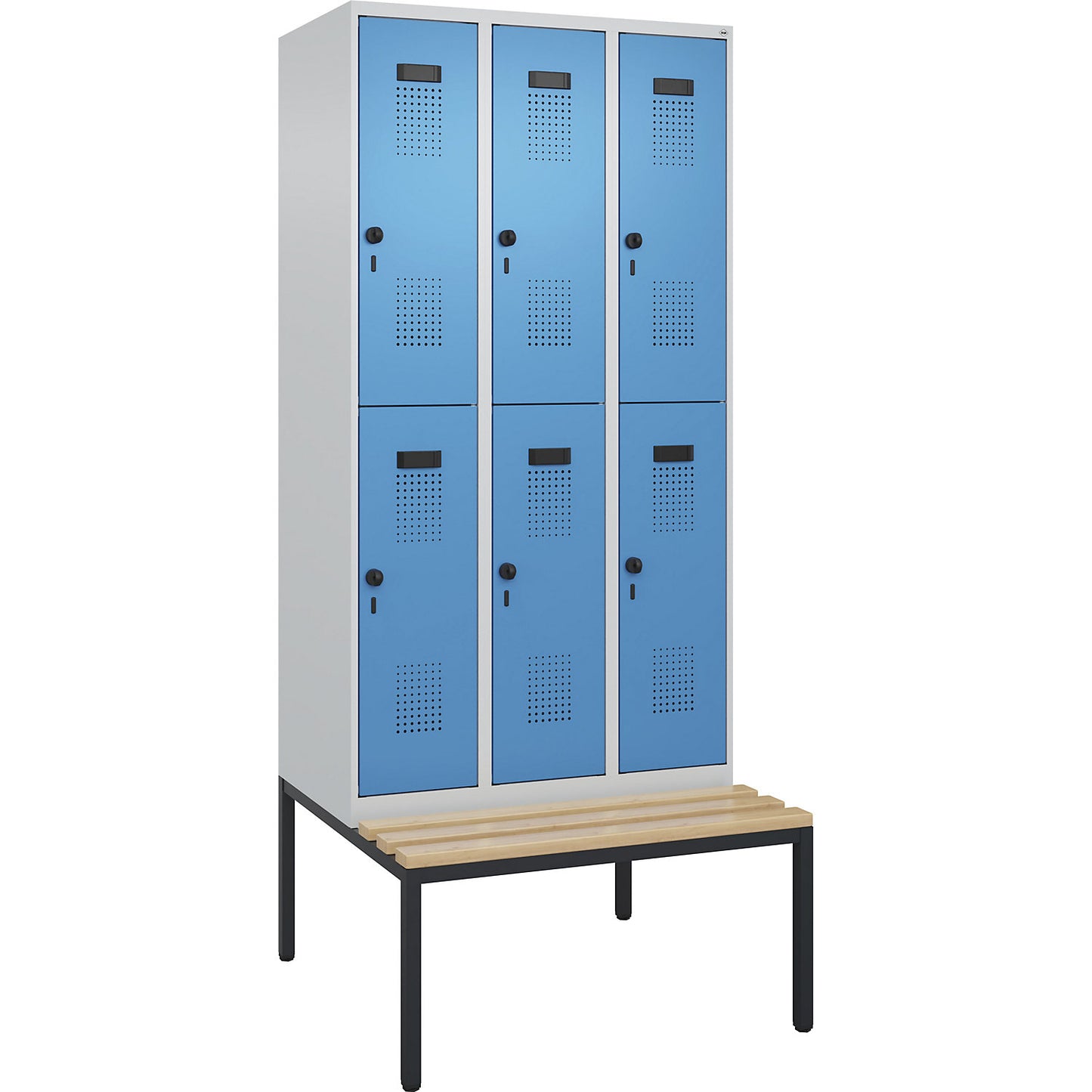 Evolo PLUS bench seat double deck clothes locker, 3 compartments, light grey / light blue, W 900 mm, security rotary bolt, with bench fitted below, beech.