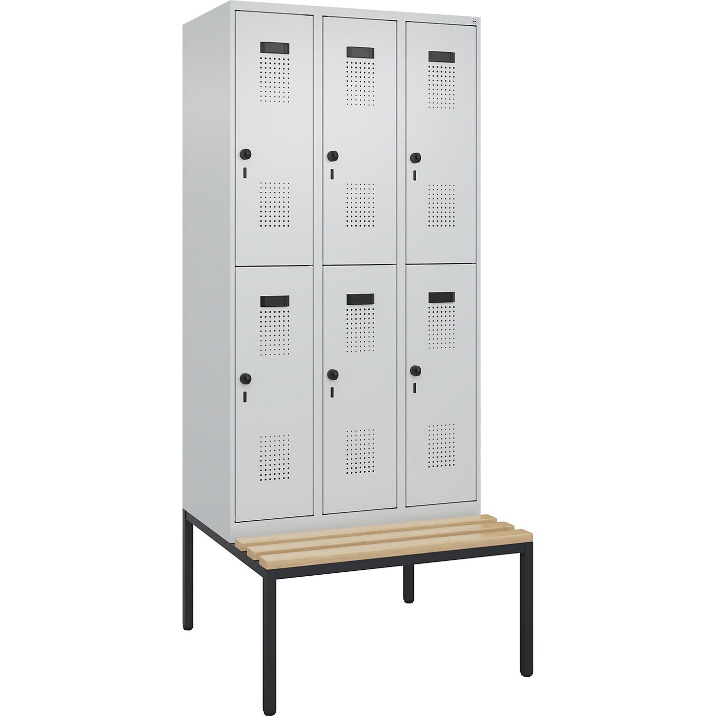 Evolo PLUS bench seat double deck clothes locker, 3 compartments, light grey / light grey, W 900 mm, security rotary bolt, with bench fitted below, beech.