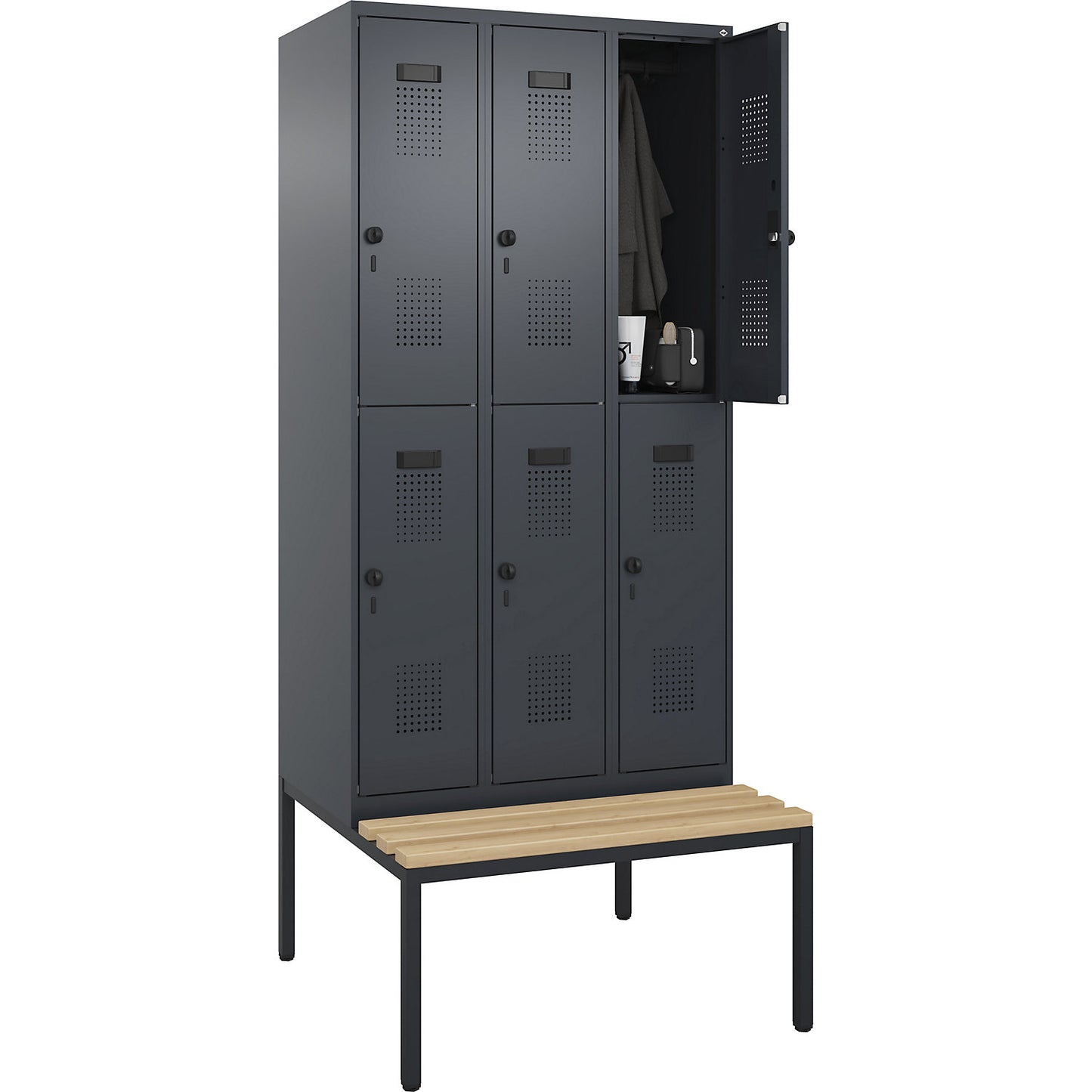 Evolo PLUS bench seat double deck clothes locker, 3 compartments, grey, W 900 mm, security rotary bolt, with bench fitted below, beech.