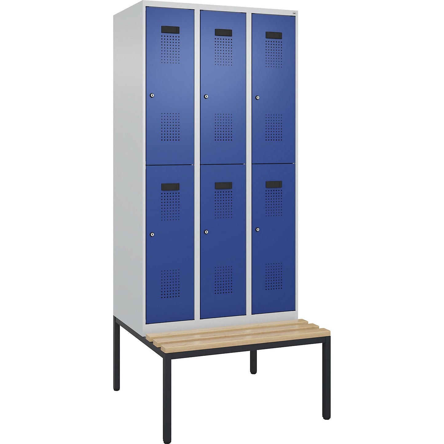 Evolo PLUS bench seat double deck clothes locker, 3 compartments, light grey / gentian blue, W 900 mm, cylinder lock, with bench fitted below, beech.